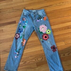 MISSLOOK Blue Straight Leg Jeans with Artistic Embellishments